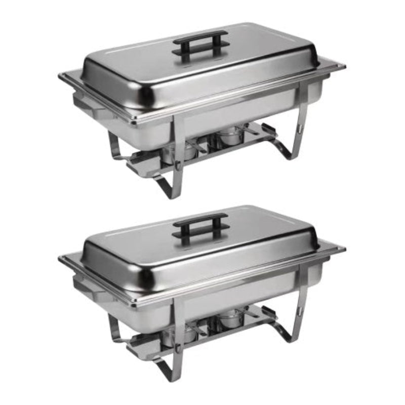 Two stainless steel chafing dishes on a white background