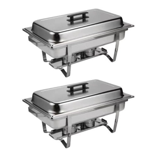 Two stainless steel chafing dishes on a white background