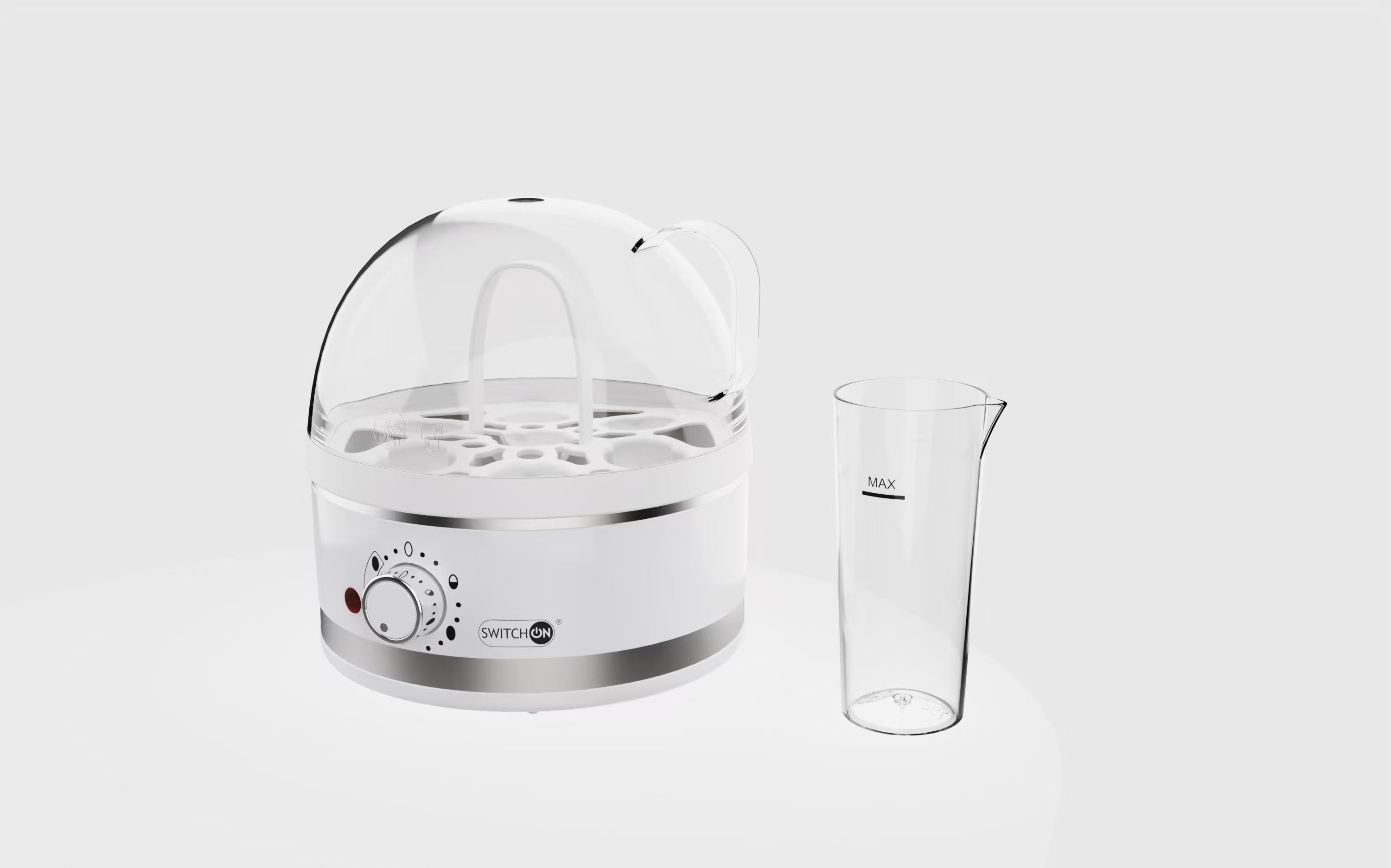 Clear glass beaker and white electronic device on a light gray background