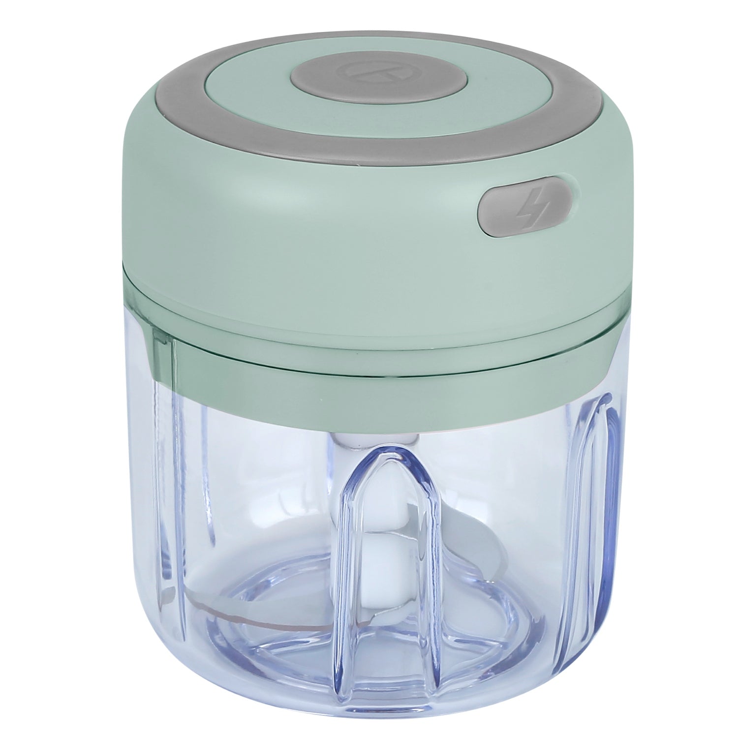 Small kitchen chopper with a light green lid on a white background