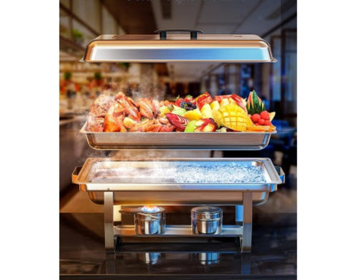Multi-layered food display with heating and cooling functions in a kitchen setting.