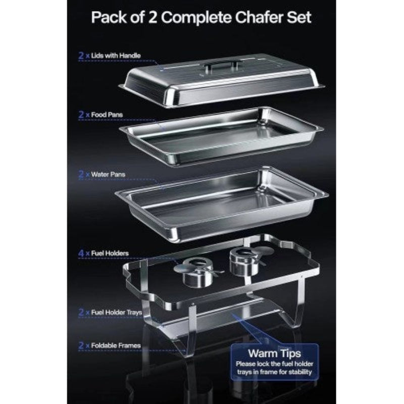Pack of 2 complete chafer set with components listed on a black background