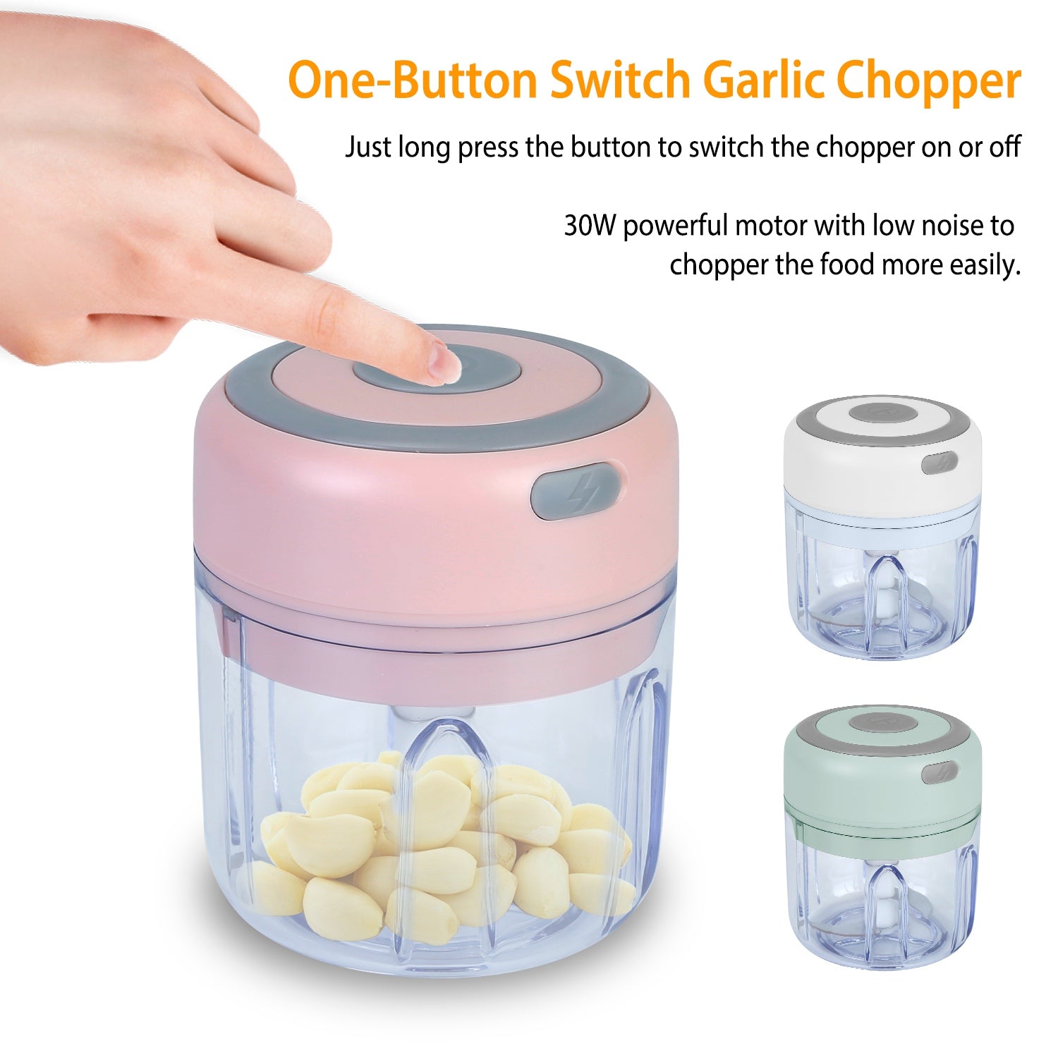 One-button switch garlic chopper with a hand pressing the button, showing its functionality.