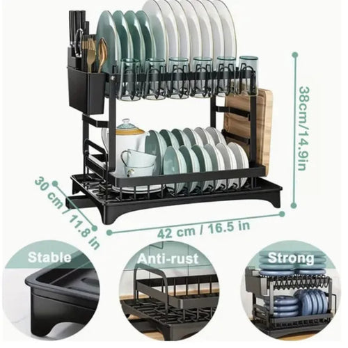 Dish drying rack with measurements and features on a white background