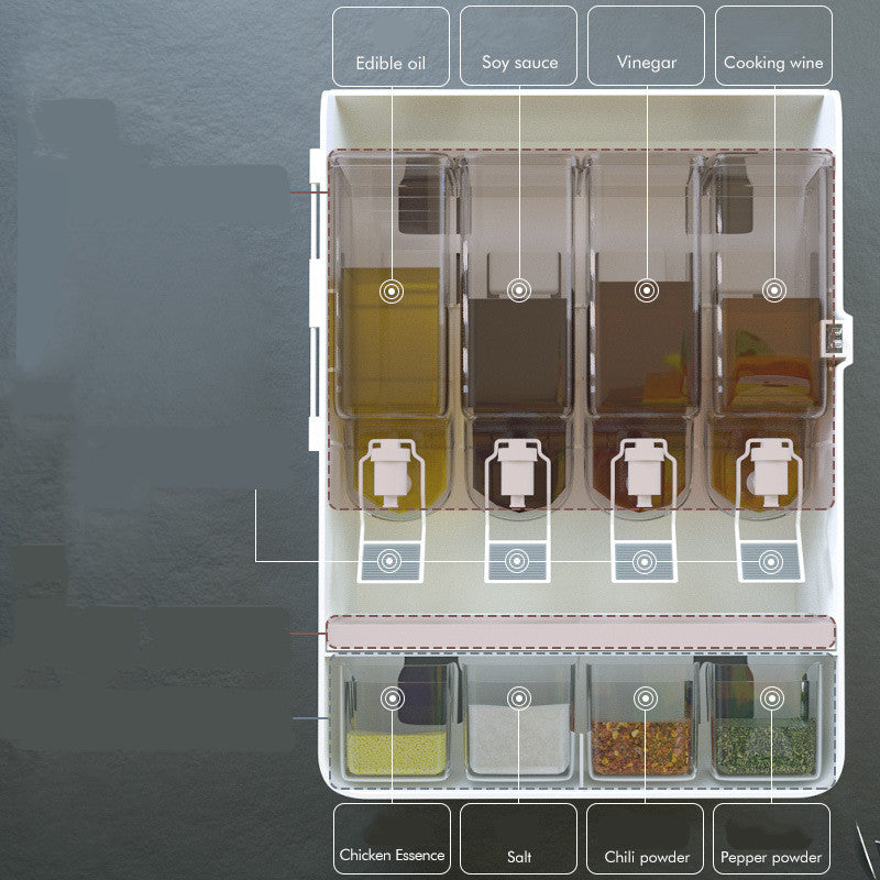 Clear spice rack with labeled compartments on a dark background