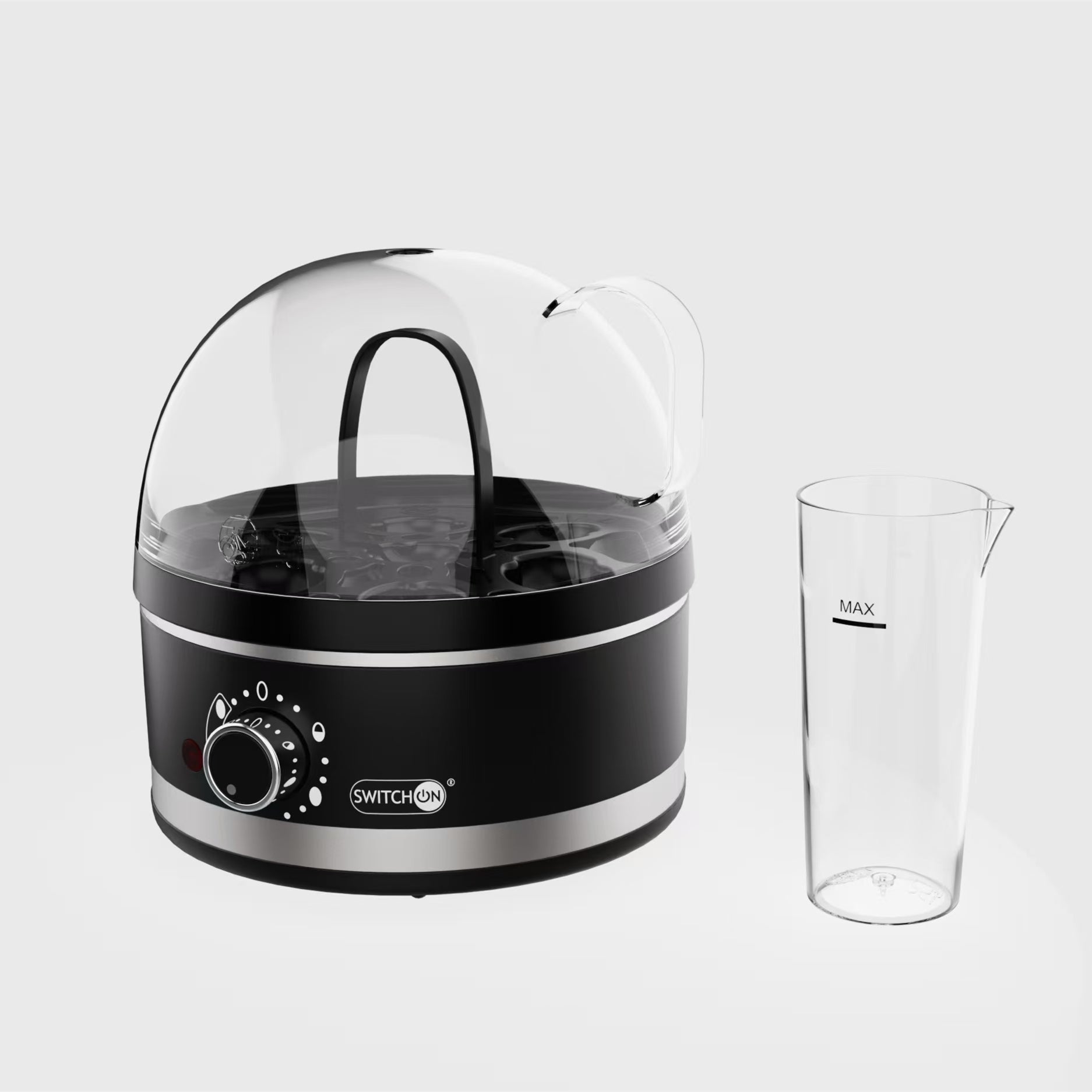 Black and silver egg cooker with a clear container on a white background