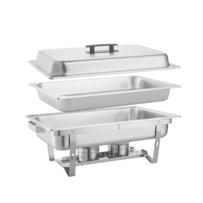 Set of three stainless steel chafing dishes on a white background
